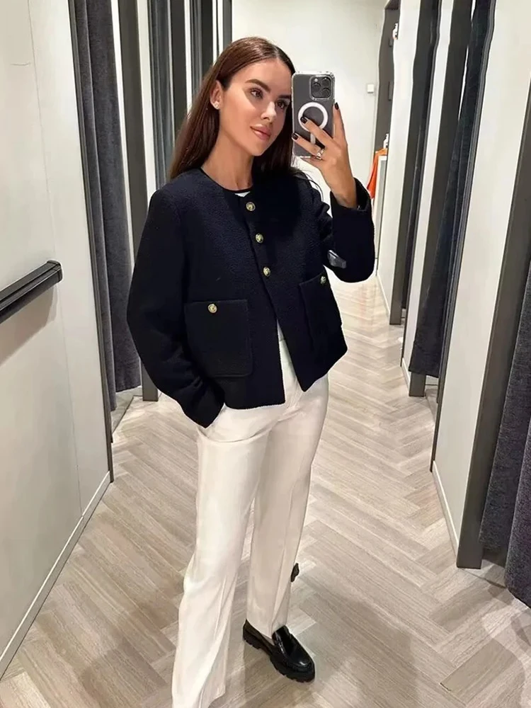 ZABA Women Fashion Single Breasted O Collar Long Sleeve Loose Tweed Short Jacket Casual Elegant Button Pocket Plaid Blazer