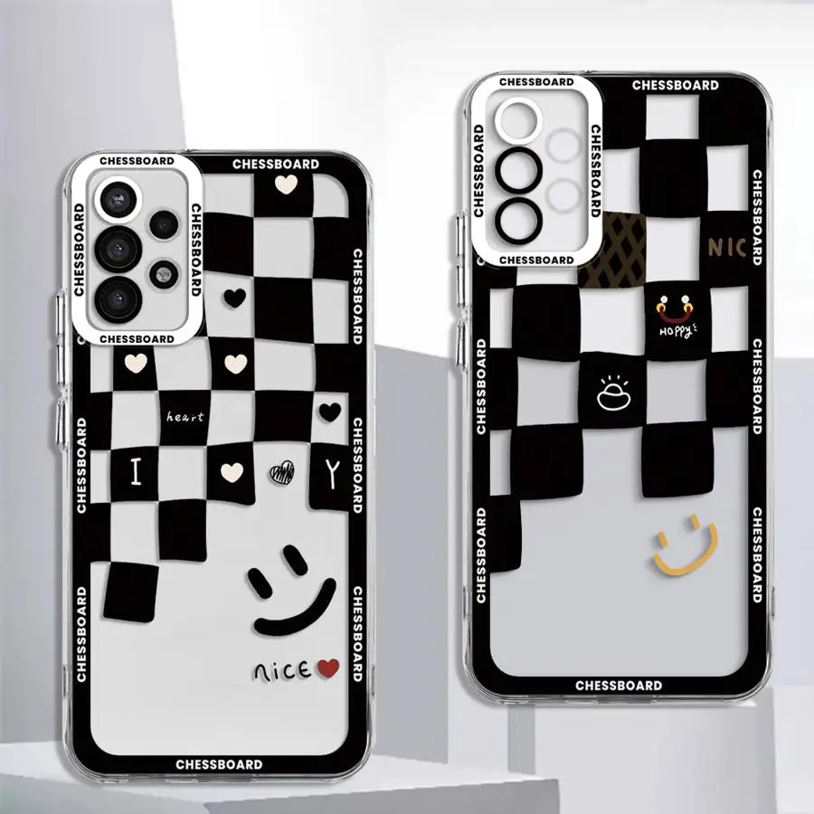 Smiling Face Black White Grid Cover Case for Samsung Galaxy A35 A55A53 A54 A73 A34 A33 A25 A24 A13 A14 A15 Clear Soft Shell