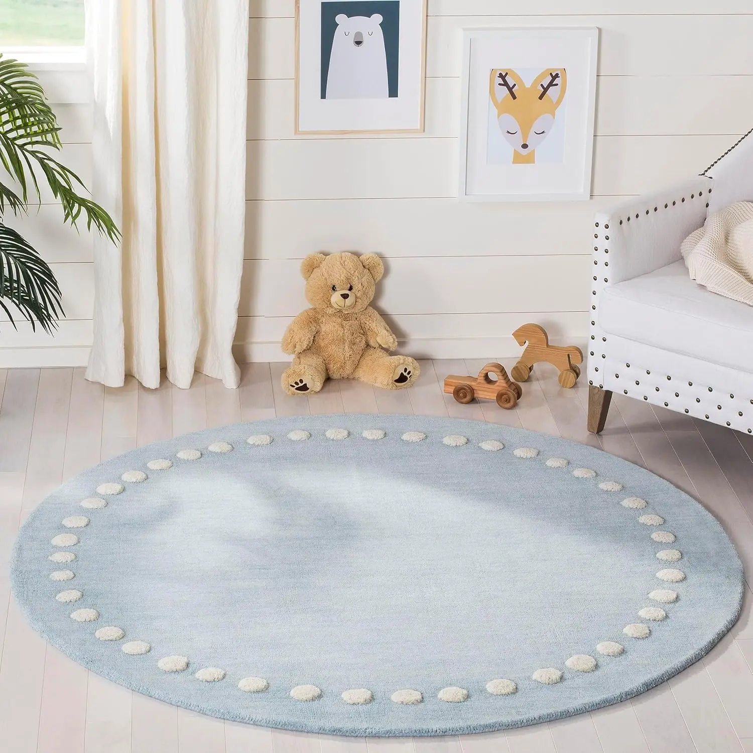 Soft Round Blue Nursery Rug for Kids Boho Play Mat Plush Area Carpet Polyester Circle Floor Decor Pom Pom Edge Memory Foam Home