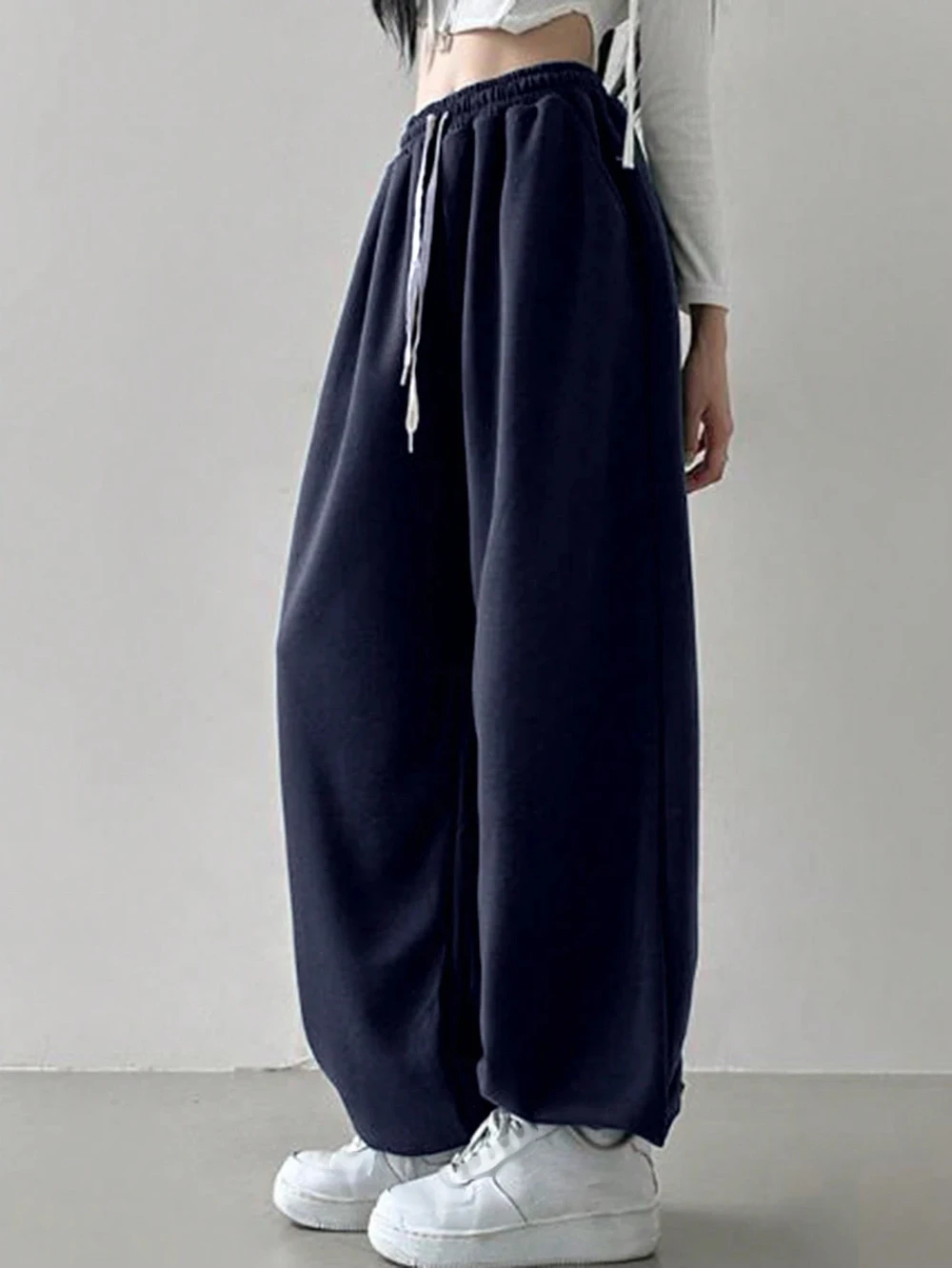 Pantaloni da jogging casual con tasca frontale con coulisse in tinta unita da donna, pantaloni larghi da donna con gamba dritta sportiva da jogging da donna