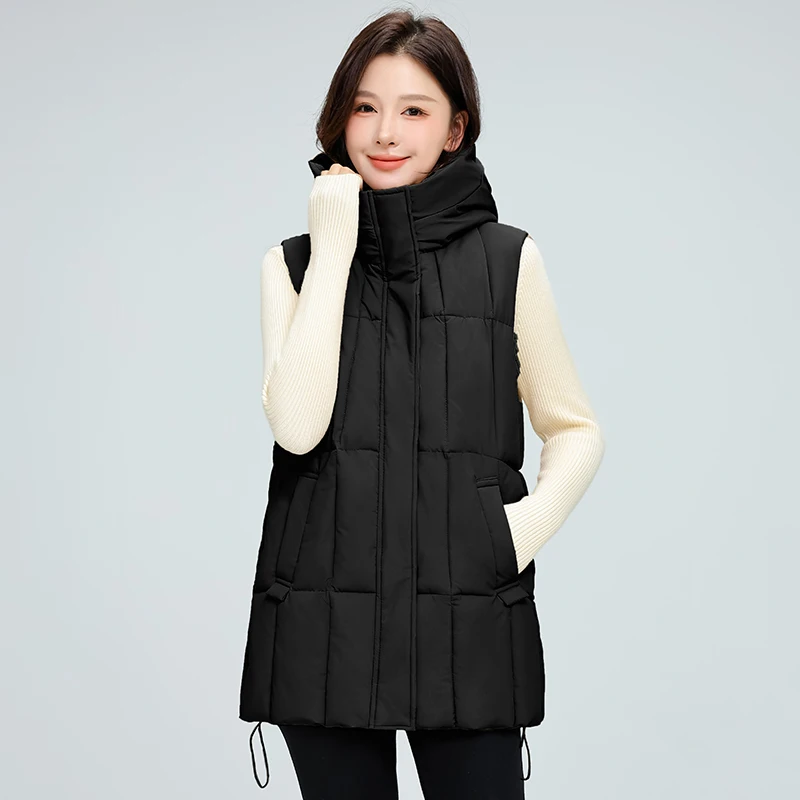 

Женский пуховый хлопковый жилет, новый зимний жилет, маленький размер, средней длины, с капюшоном, свободный, с подплечниками, модный Jaet