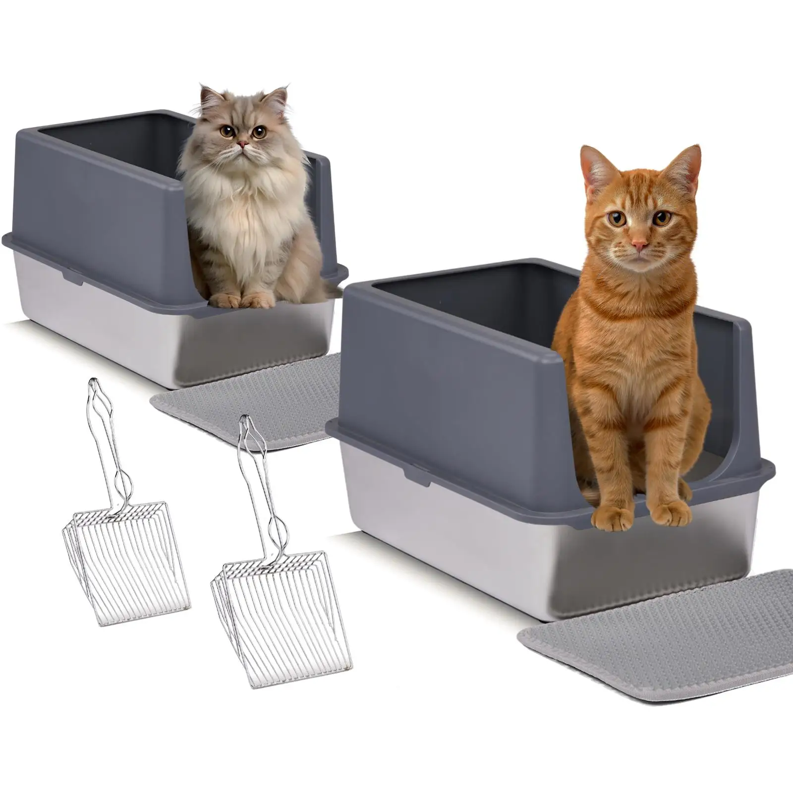 2-Pack XL Stainless Steel Cat Litter Box Set with Lid, High-Sided Easy Clean Pan & Double Layer Mat, Gray