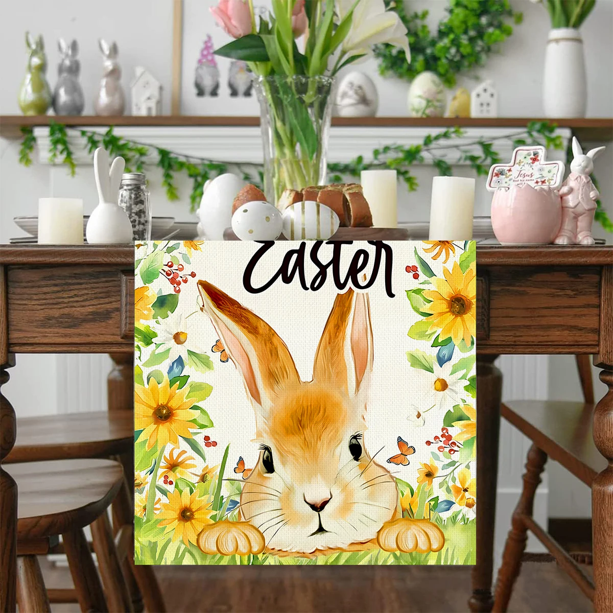 

35x180cm Easter Table Runner Watercolour Bunny Eggs Table Runner Easter Decor for Kitchen Dining Table Home Party Decorations