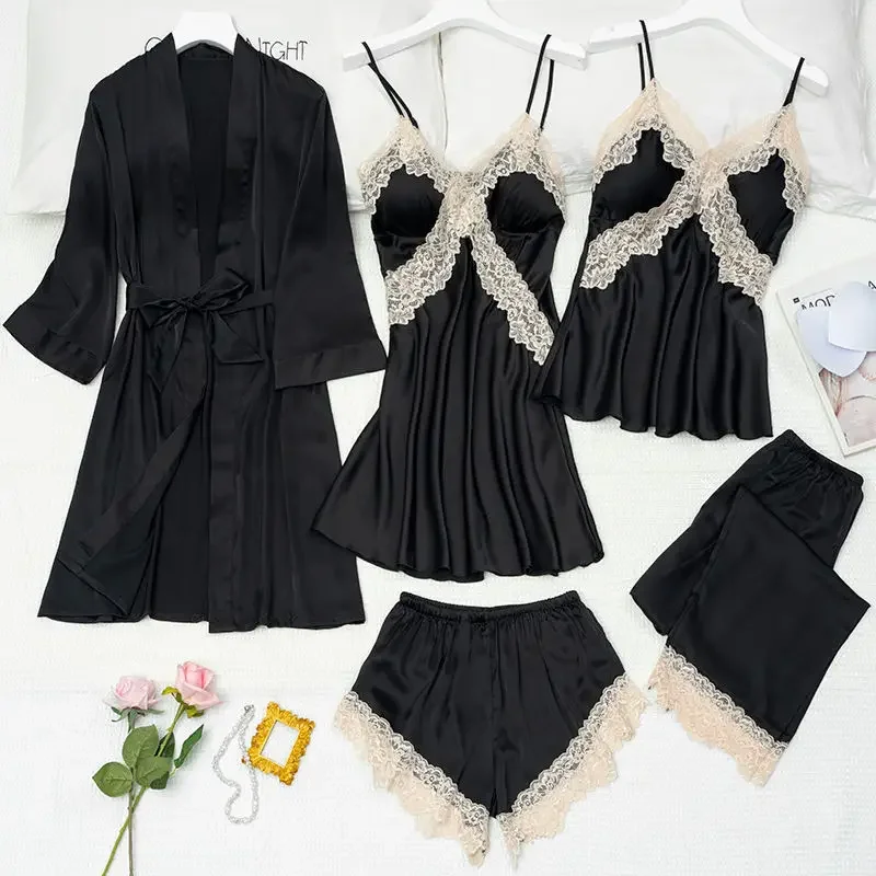 Summer Pyjamas with Breast Pad Women Spring and Autumn Sexy Five-piece Ice Silk Thin Lace Slip Nightdress Nightgown Home Wear