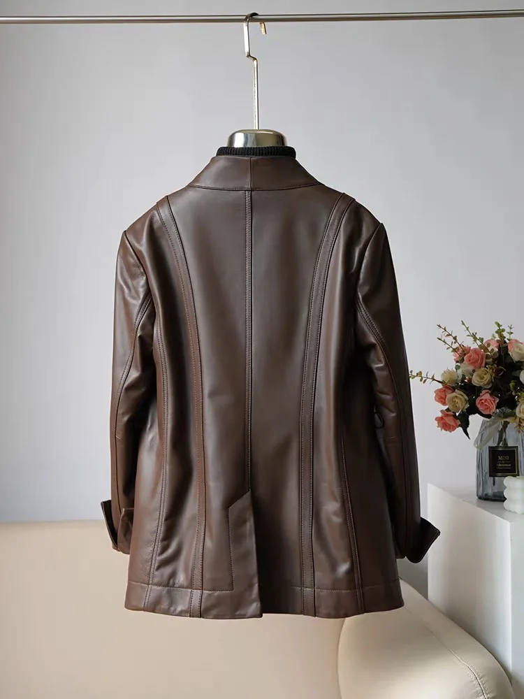 ملابس مستوردة من جلد الغنم أوشحة جلدية حقيقية سترة نسائية برقبة على شكل حرف v سترة طويلة متوسطة غير رسمية مع وشاح Abrigo Mujer