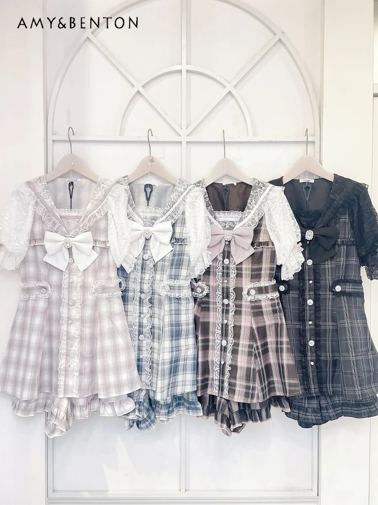 

Japanese Mine Series Plaid Lace Bow Navy Collar Dress Set Lolita Style Cute Bow Short Sleeve Dress Shorts Two-piece Set Women