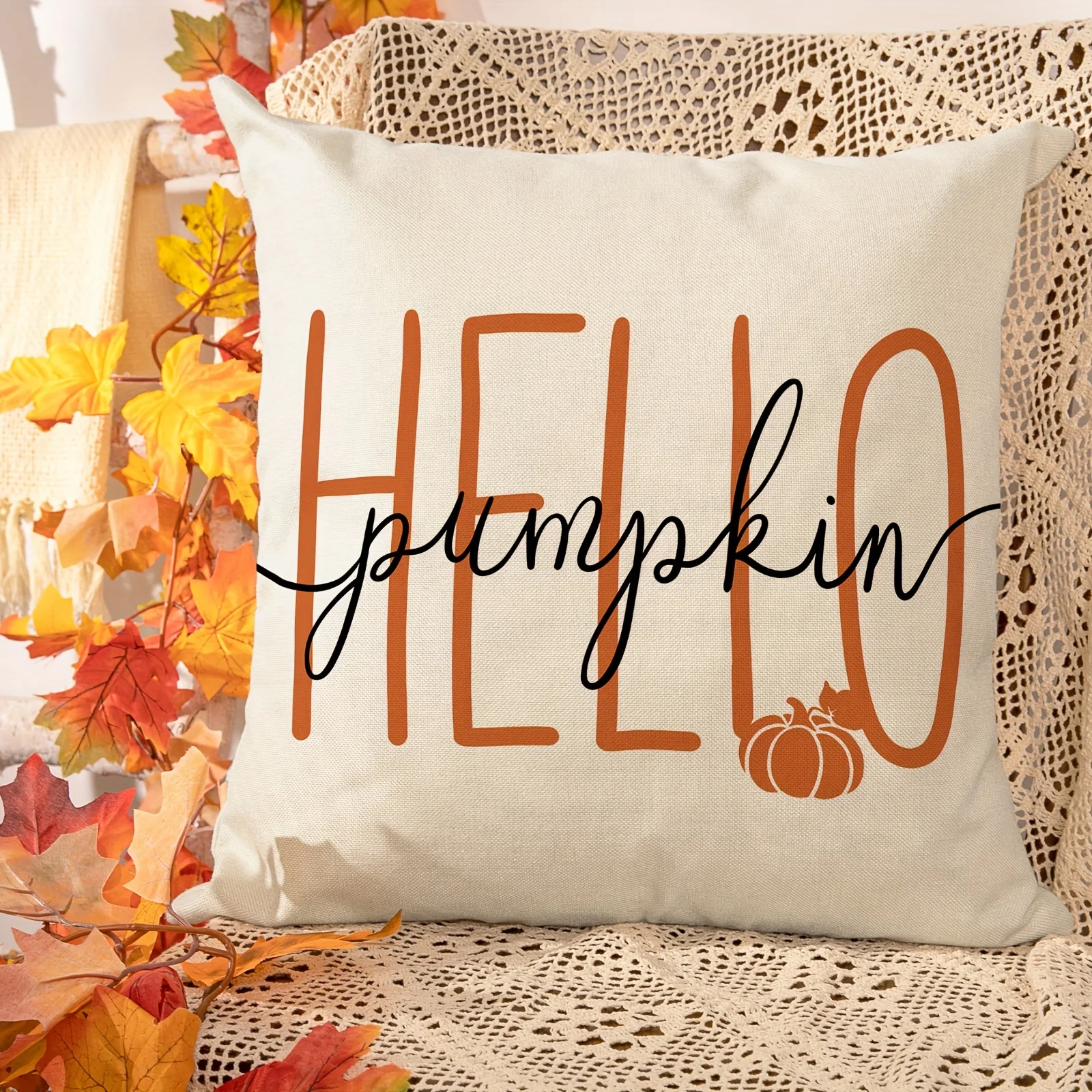 1 Stück/4 Stück Vintage-Herbst-Kissenbezüge 45,7 x 45,7 cm – Herbst-Orange-Weiß-Kürbis-Design für Weihnachten, Erntedankfest – Detail 15