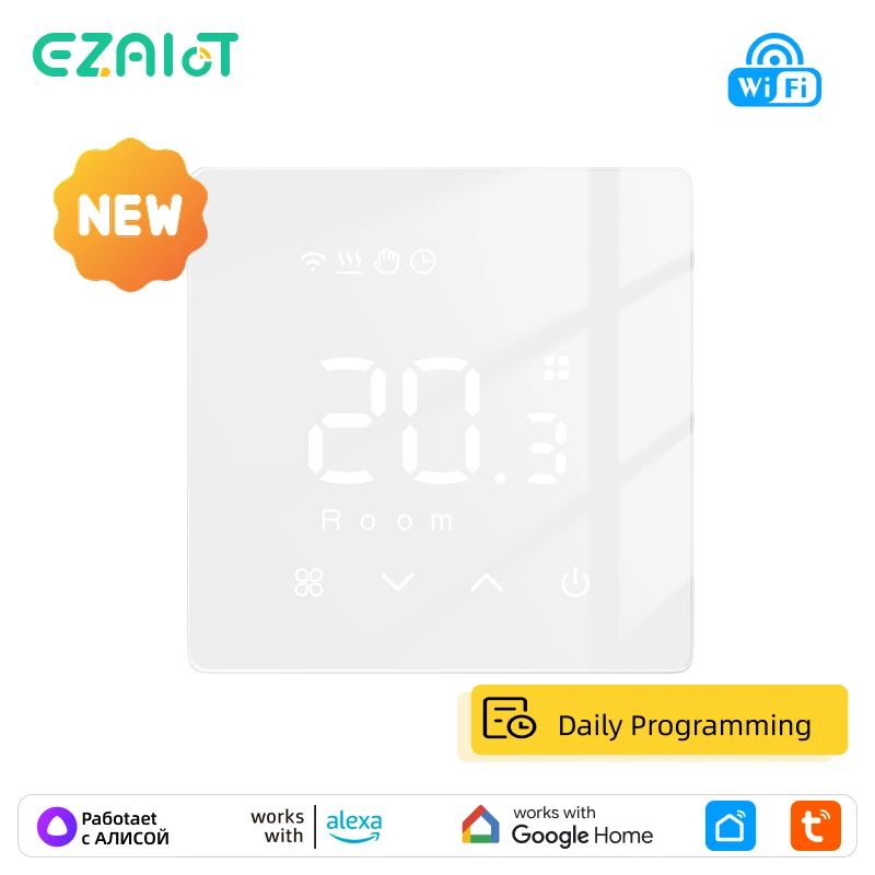 

Умный Wi-Fi термостат Tuya с ежедневным программированием температуры для водяного/электрического напольного отопления/газового котла, совместимый с Google и Alexa.