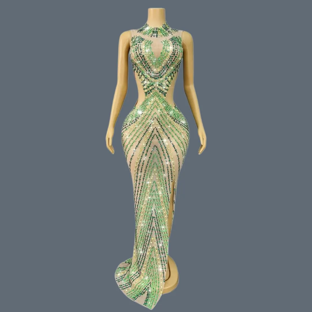 

Sparkly Rhinestone Birthday Celebrate Party Evening Dress Luxury Elegant Sexy Women Couture Transparent Mesh Gown Lvxuanhuang
