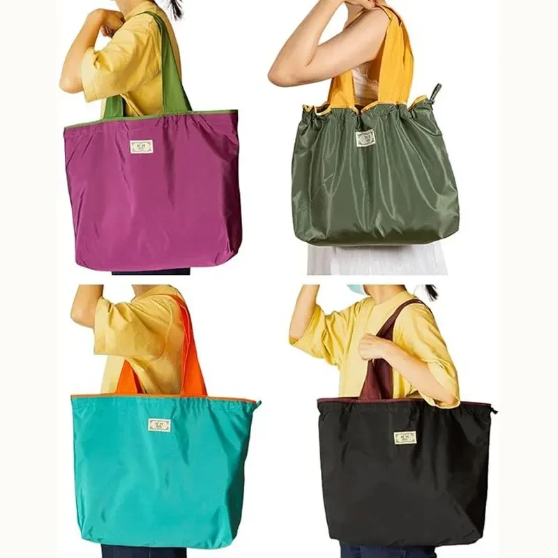 Large Capacity Foldable Shopping Bag Reusable Grocery Bag with Drawstring Closure Foldable Eco-Friendly Shoulder Bag