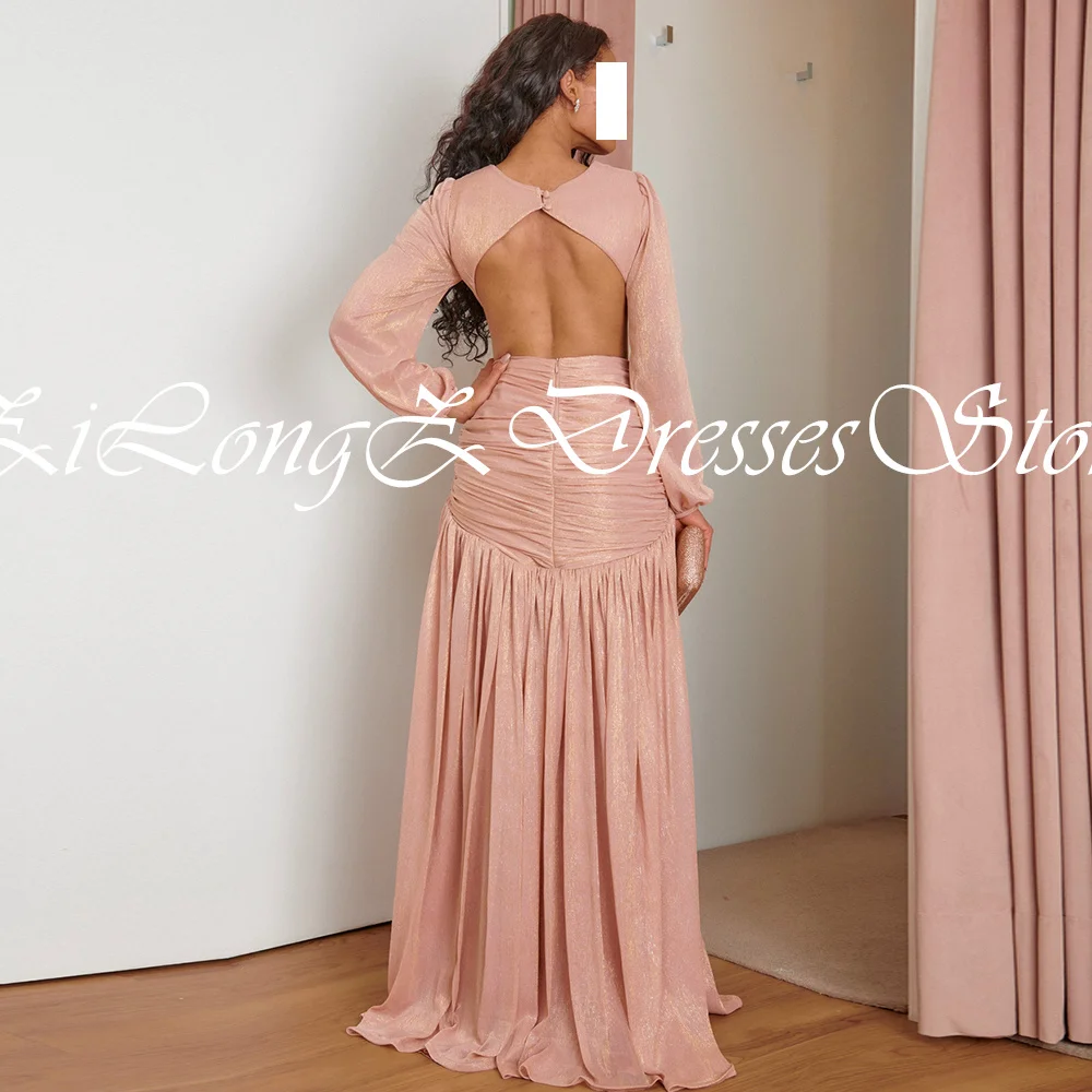 Elegant Party Dresses Woman 2024 V-Neck Long Sleeve Zipper Back Sweep Train Pleats Solid Color Plus Size Dresses For Occasions