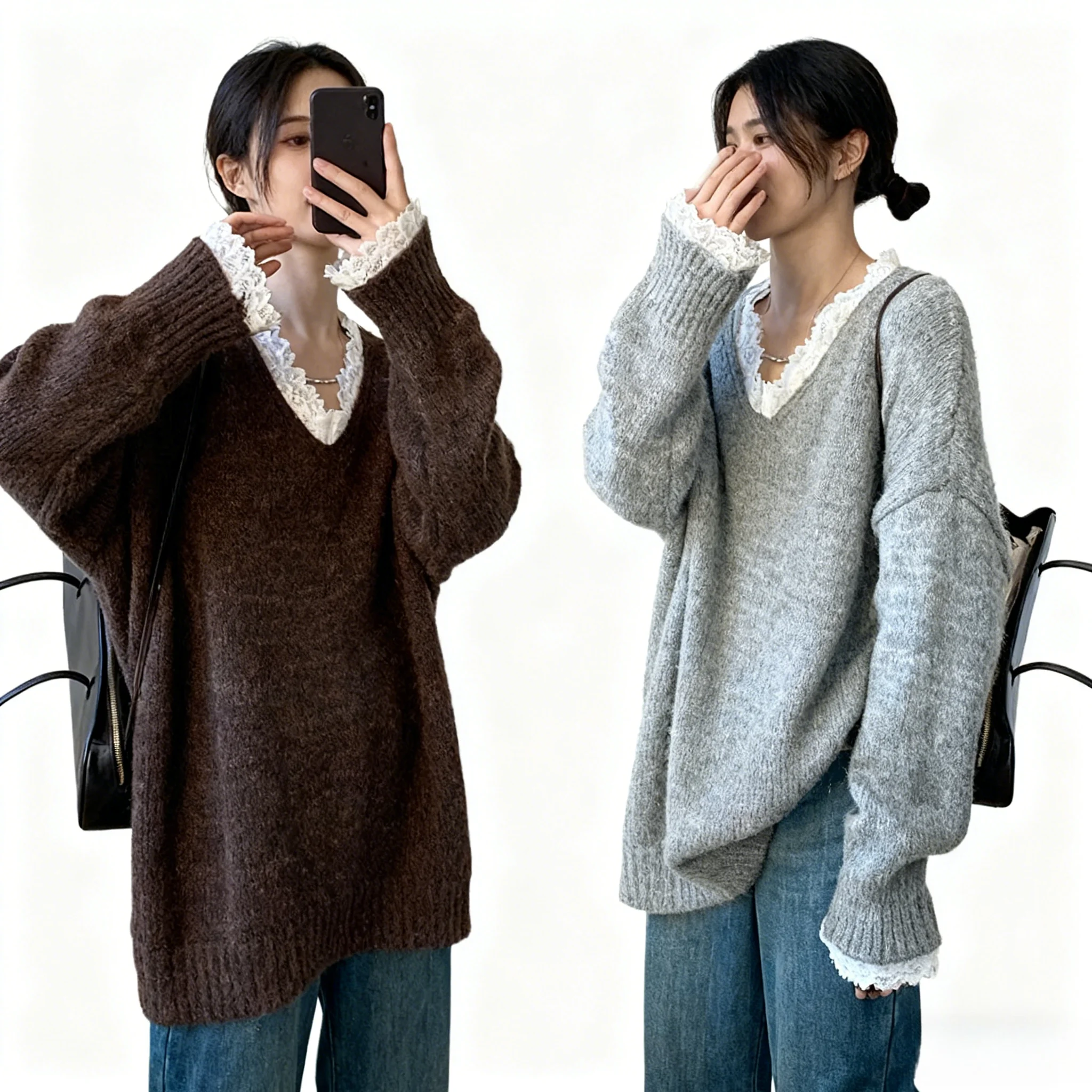 

Y2K Aesthetic V-Neck Long Pullover Sweater Women Harajuku Lace Patchwork Loose Knitted Sweater Autumn New Soft Warm Jumpers Tops