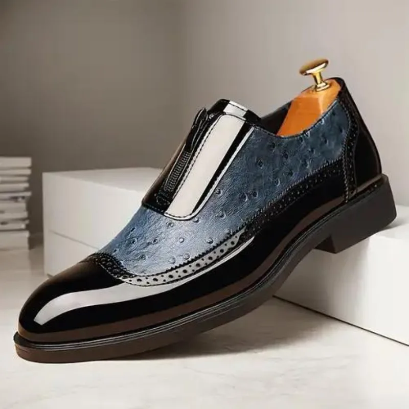 

Men's 2026 New Chelsea Shoes Ostrich Embossed Leather Zipper Pointed Toe Plus Size Round Toe Patent Leather Ankle Boots