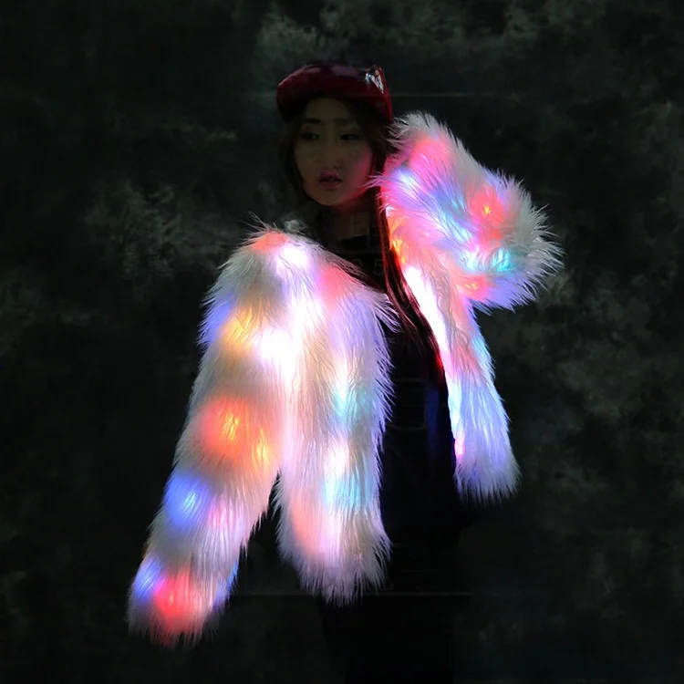Best Selling LED Light up  Fur Coat Short Style  Music Festival LED Collar Jacket Women's Batwing Sleeve Thic...