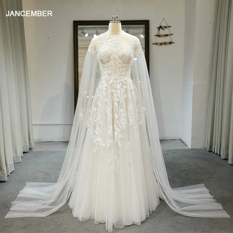 

Jancember Morden Simple Wedding Dress 2024 Cape Sleeve Bridal Gowns Robe Side High Neck Formal Party Dress vestidos novias boda