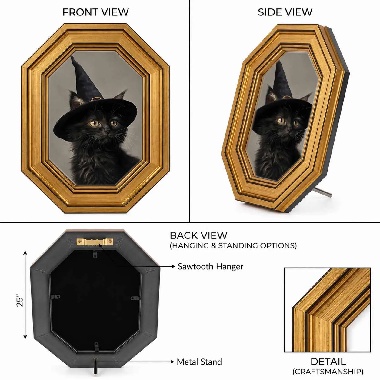 Vintage Octagon Gold Frame Witch Black Cat Art, Dual Use Tabletop Hanging Gothic Halloween Home Decor