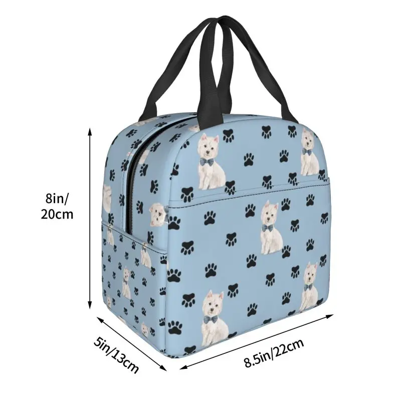 West Highland White Terrier Paw Print Pattern Insulated Lunch Tote Bag Westie Dog Thermal Cooler Food Lunch Box Kids School image 3