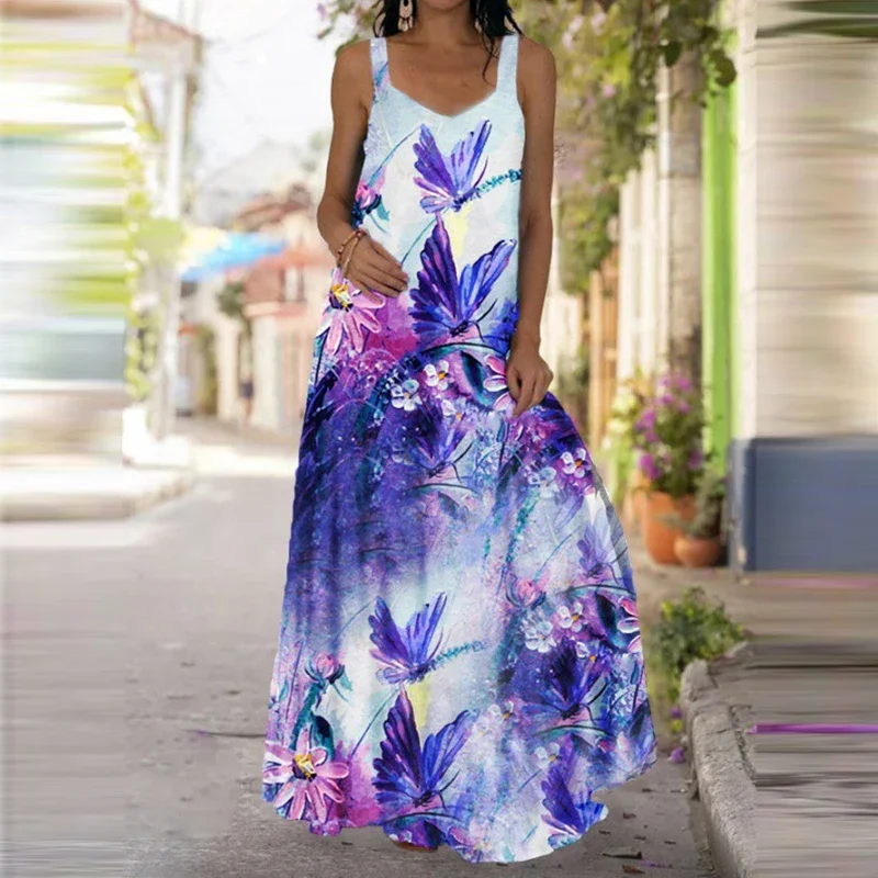 Women\'s Fashionable Butterfly Printed Sleeveless Dress Summer Casual Printed Long Dress