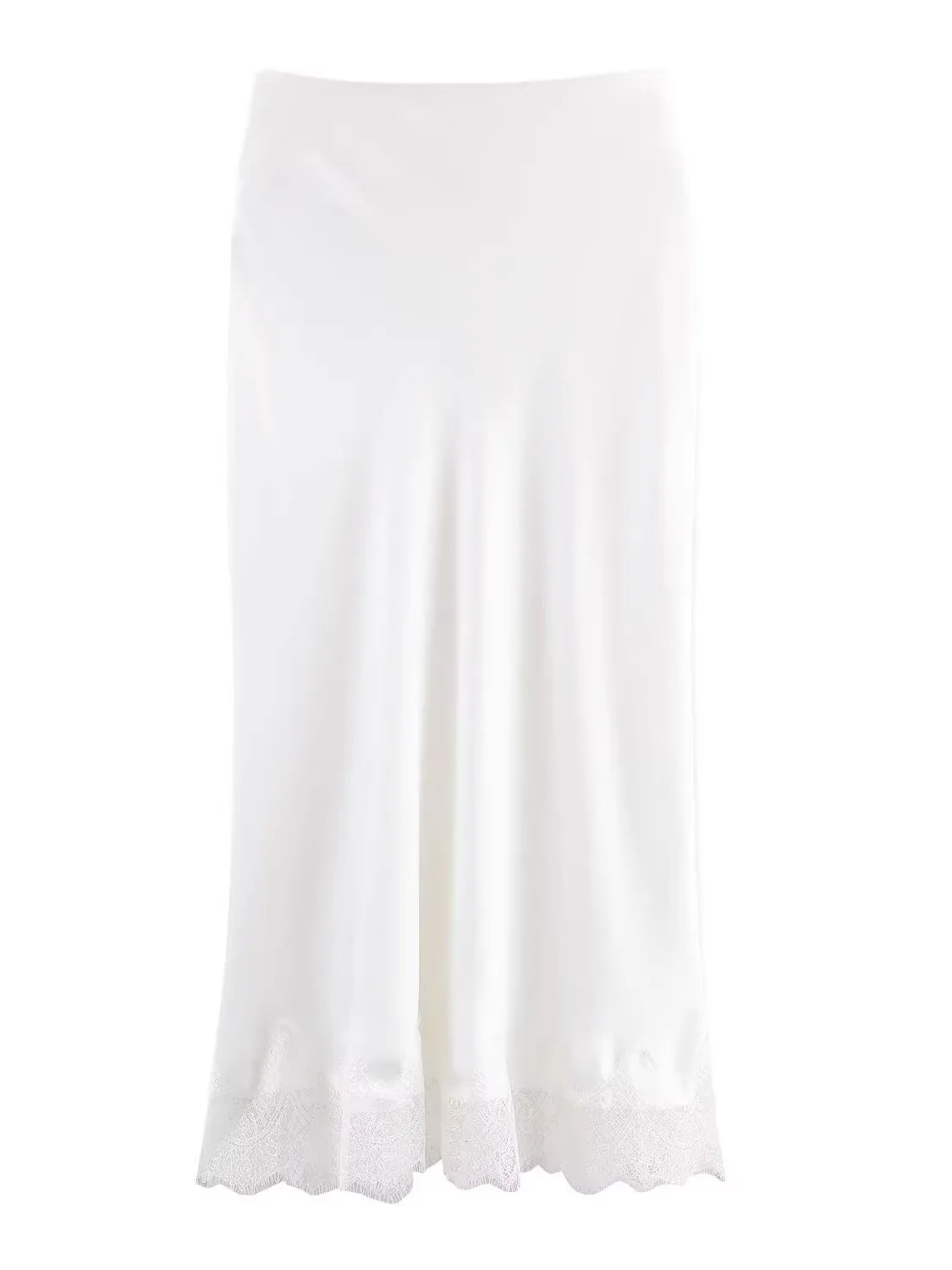 Nieuwe Collectie Herfst 2025, Dames Kanten Rand Zijde Satijn Textuur Midi Rok Hoge Taille A-lijn Slim Fit Pendelen Sle Vrijetijdskleding