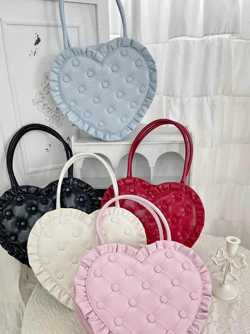 Heart Pillow Bags Ladies Lolita Heart Vintage Bag Lace Handbag Shoulder Bag Women's Japanese Rojita Kawaii Zipper Shopping Bags