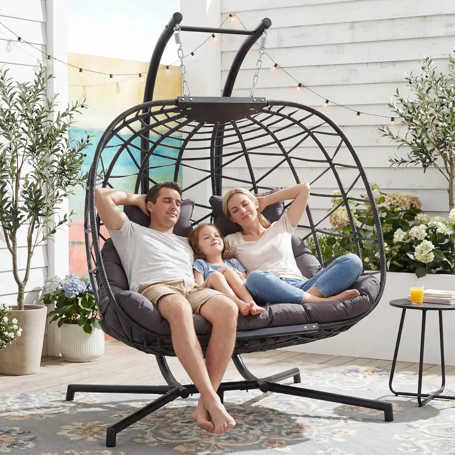 Oversized 2 Person Double Egg Swing Chair with Stand,Indoor & Outdoor Wide Hanging Hammock Chair with Cushion, Custom