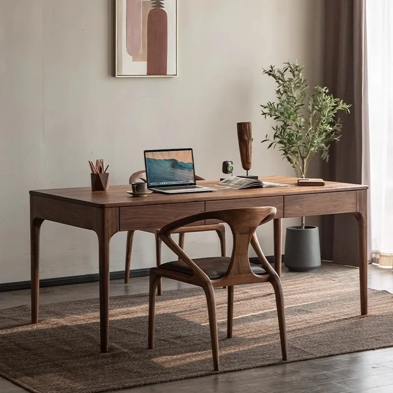 

Скандинавский стол из черного ореха, простой прямоугольный обеденный стол в скандинавском стиле, рабочий стол из цельного дерева с двойным ящиком, большой стол