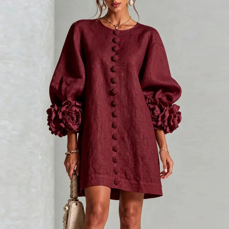 Elegant Solid Dresses Women Round Neck Lantern Sleeve 3D Flower Cuff Decorative Button Loose Short Dress Casual Streetwear Dress