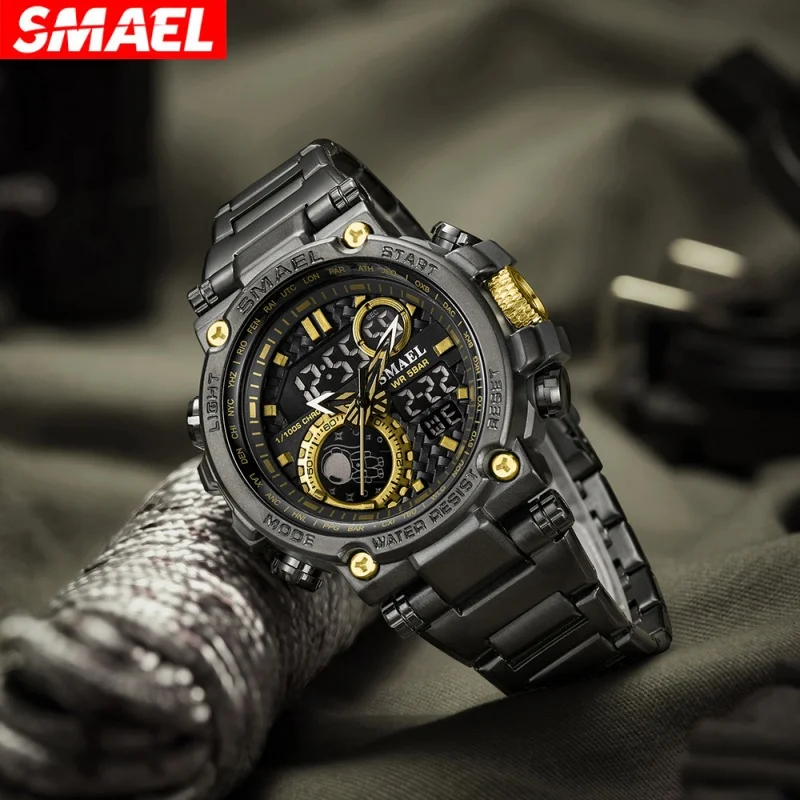 SMAEL 8095 Casual Men's นาฬิกาอิเล็กทรอนิกส์ปฏิทินนาฬิกาปลุกกันน้ําสายสแตนเลสกีฬาแฟชั่นนาฬิกาดิจิตอล