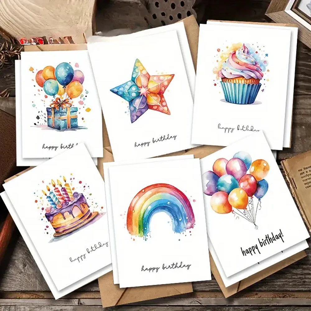 6-Piece Watercolor Birthday Card Set with Unique and Bright Design Suitable for Everyone, Perfect for Birthdays