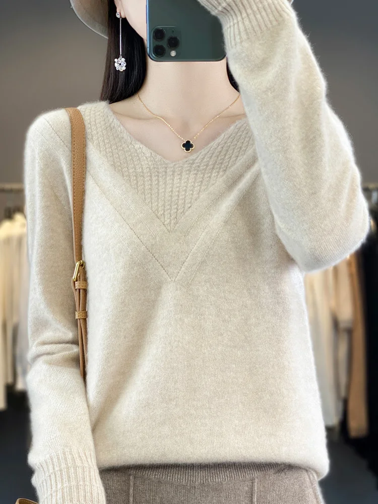 Long Sleeve Women Sweater Autumn Winter V-neck Pullover 100% Merino Wool Bottoming Basic Cashmere Knitwear Clothing Fashion Tops