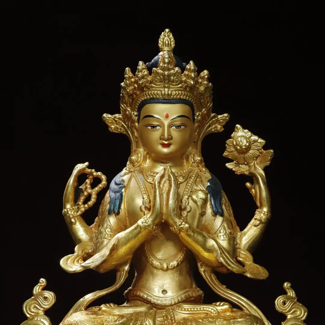 Tibetan brass gilt painted face, four arms, Tara seated Buddha ornament, home Buddhist hall desktop supplies 22 cm