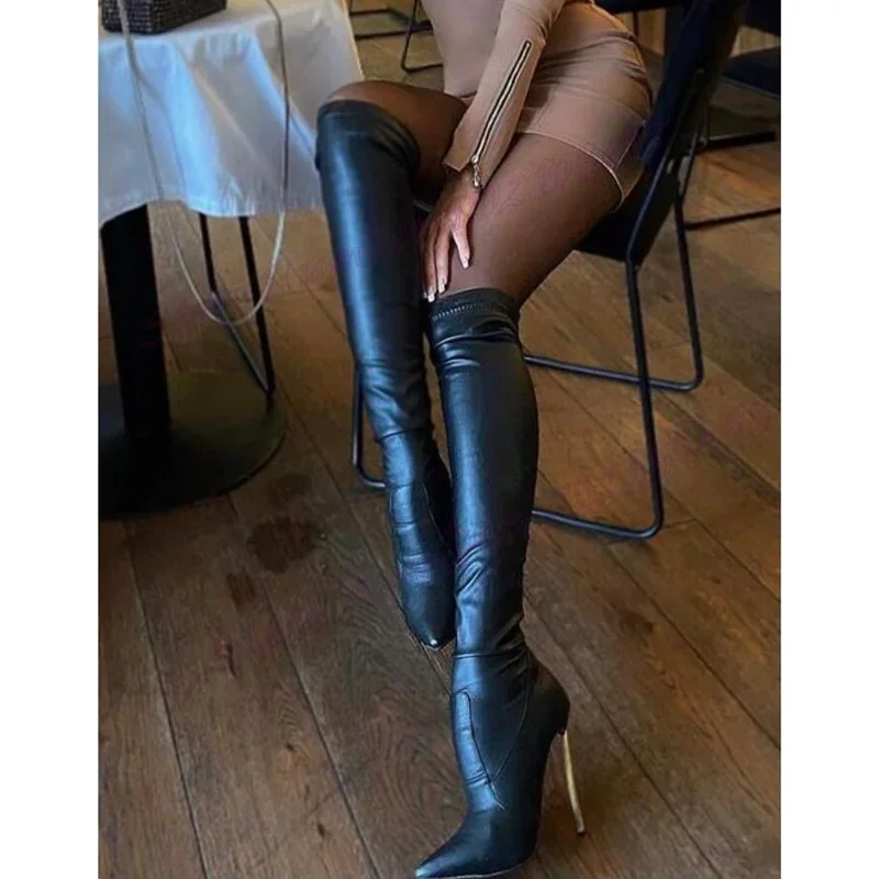 

Black Metal Heels Elastic Boots Matte Leather Pointy Toe Shoes for Women Over The Knee High Heel Shoes 2024 Zapatos Para Mujere