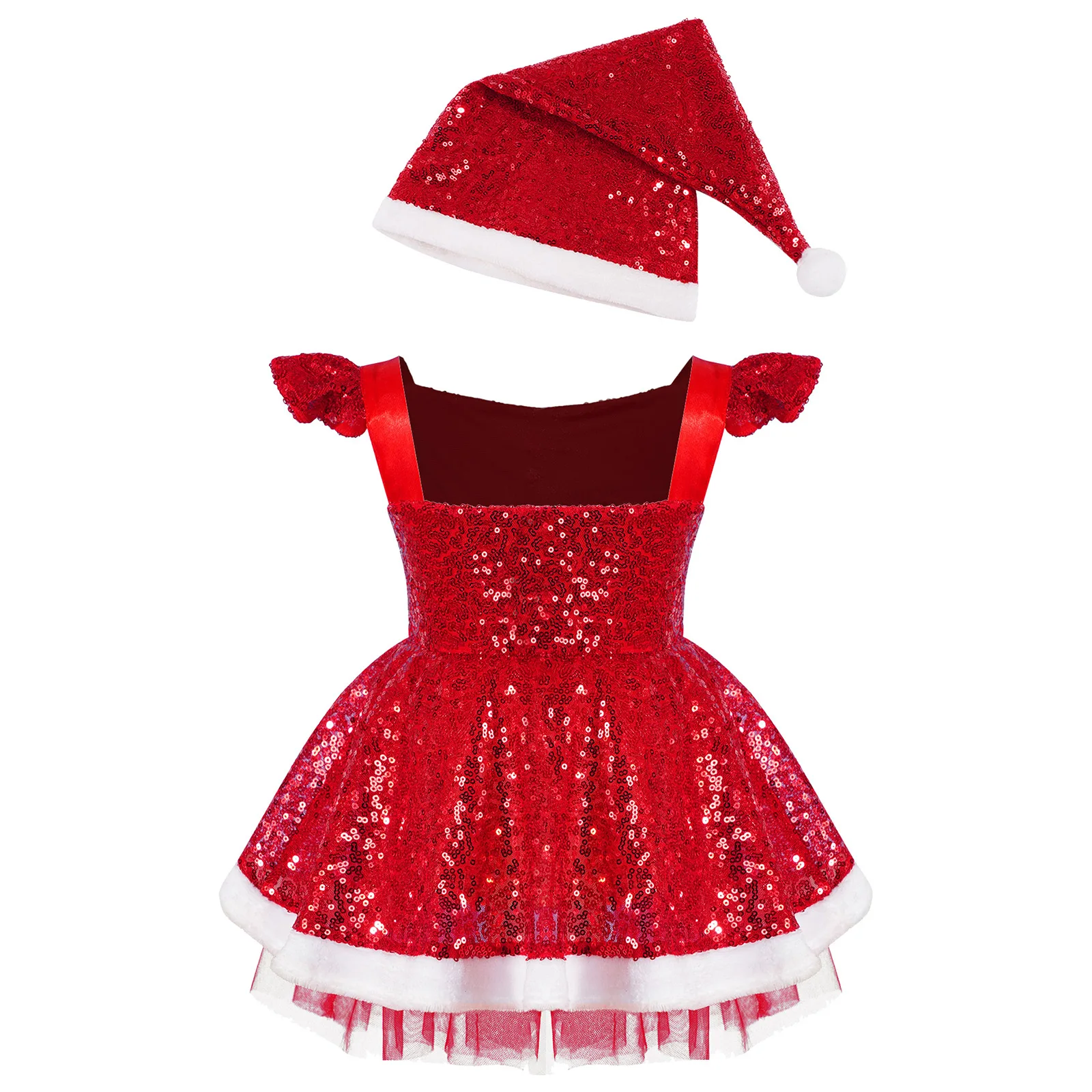 Kids Girls Christmas Elf Costume Shiny Sequins Xmas Santa Clause Dress with Hat New Year Carnival Party Performance Dancewear