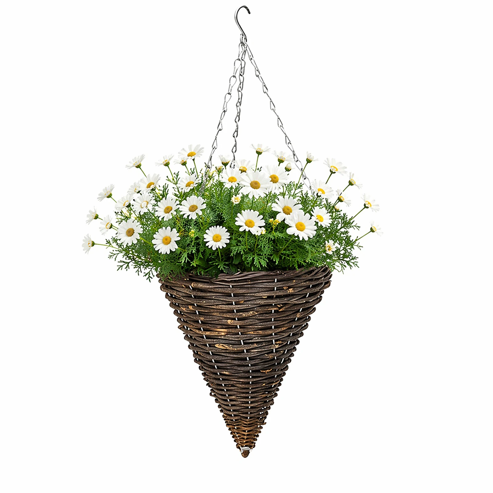 2Pcs Rattan Woven Planter with Chain Hook and Plastic Liner Outdoor Hanging Planter Cone Shape Flower Pot for Indoor Outdoor