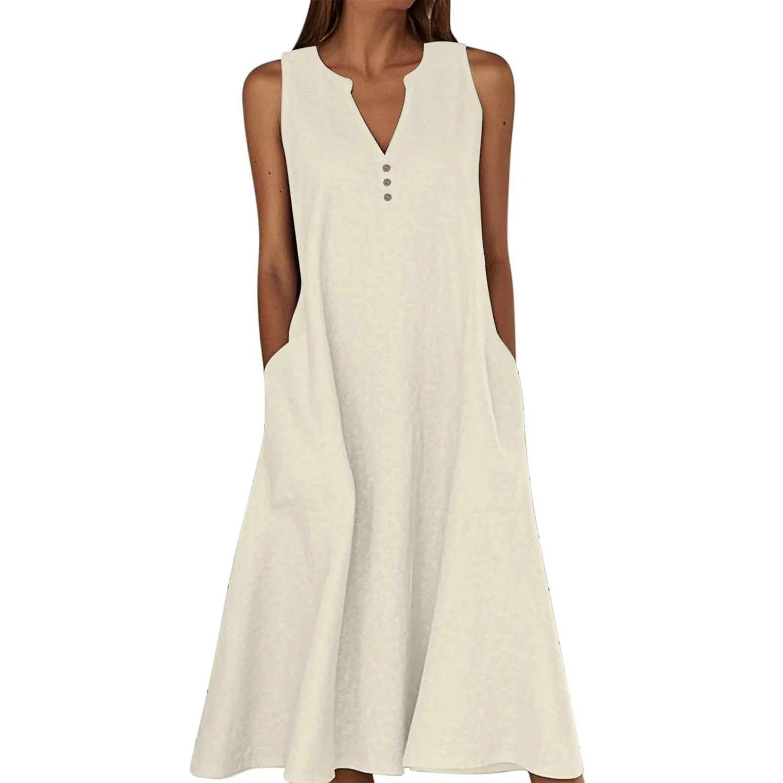 Breathable Summer Women Midi Dress Linen Blend Notch V Neck Dress Button Sleeveless Loose Fit Dresses Comfy Casual Beach Outfit