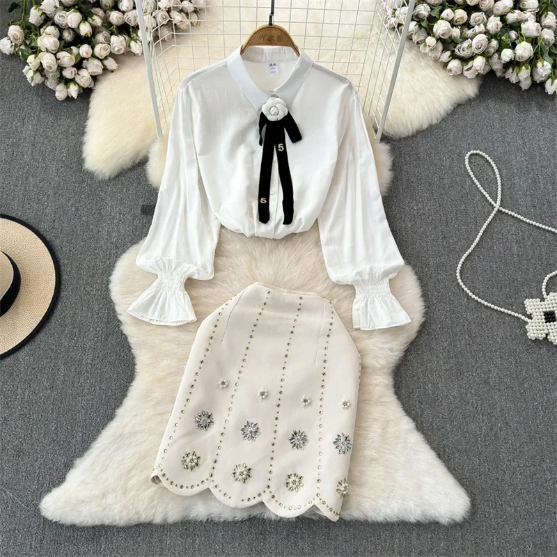 Women's Retro Two Piece Sets Fashion Floral Tie Long Sleeved White Shirt and Beading Bodycon Skirt Suits New Elegant 2 Pièces