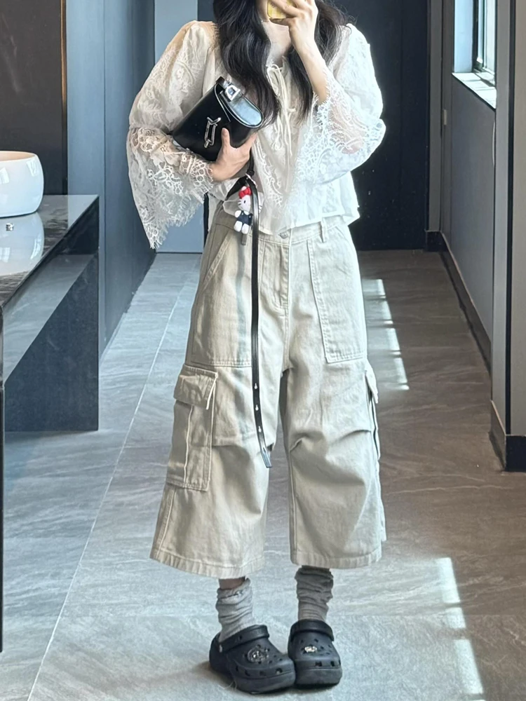 Khaki High Waist Wide Leg Seven-Foot Women's Summer Casual Loose Multi-Pocket Straight Short Pants Casual Wide Leg Pants