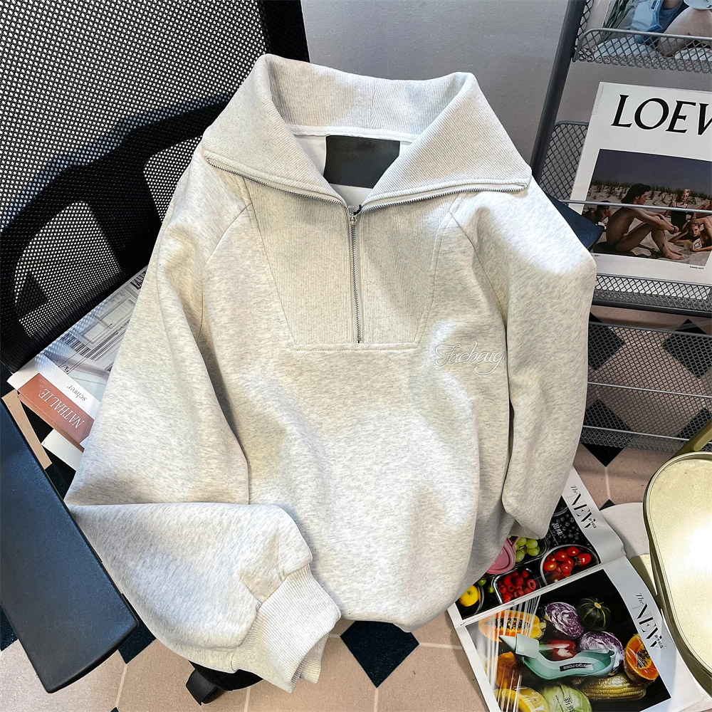 Casual Sweatershirt For Women Letter Print Turn Down Collar Pullover Hoodies Loose Long Sleeve Basic Tops