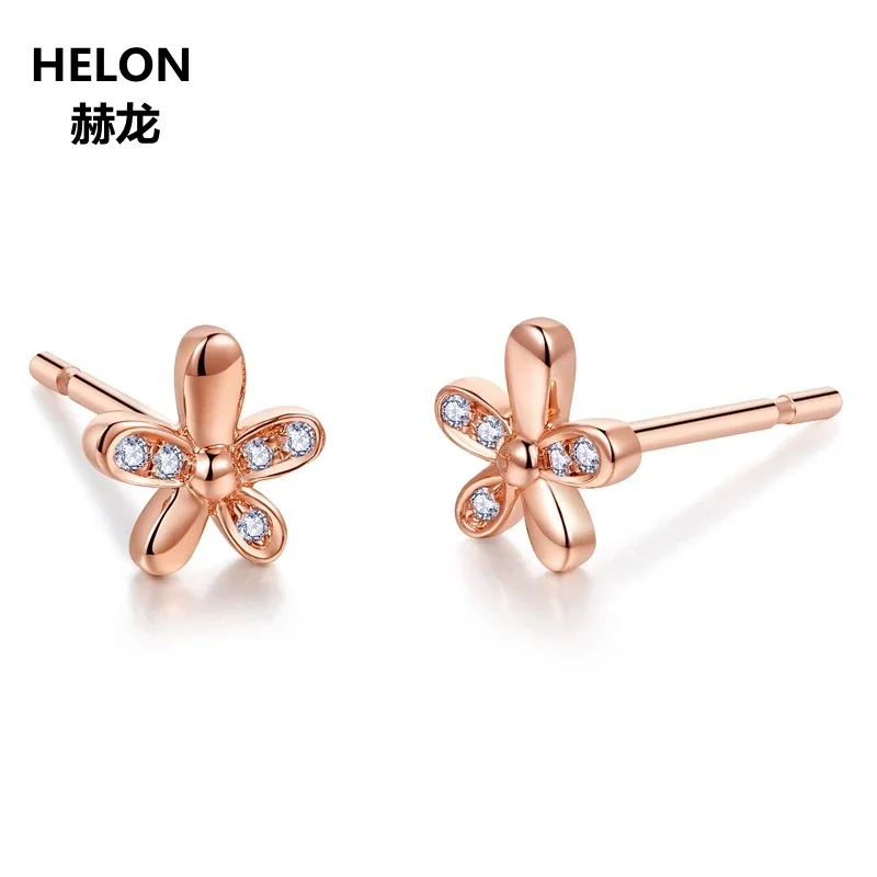 Solid 14k Rose Gold Natural Diamonds Stud Earrings for Women Engagement Wedding Fine Jewelry Flower