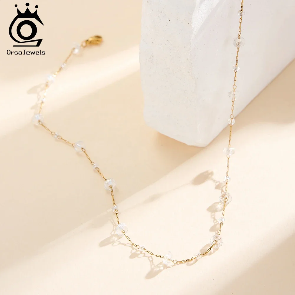 

ORSA JEWELS 18K Gold Plated Stainless Steel Fashion White Crystal Choker Neckalce for Women Elegant Collares Gift JewelrySTMN03