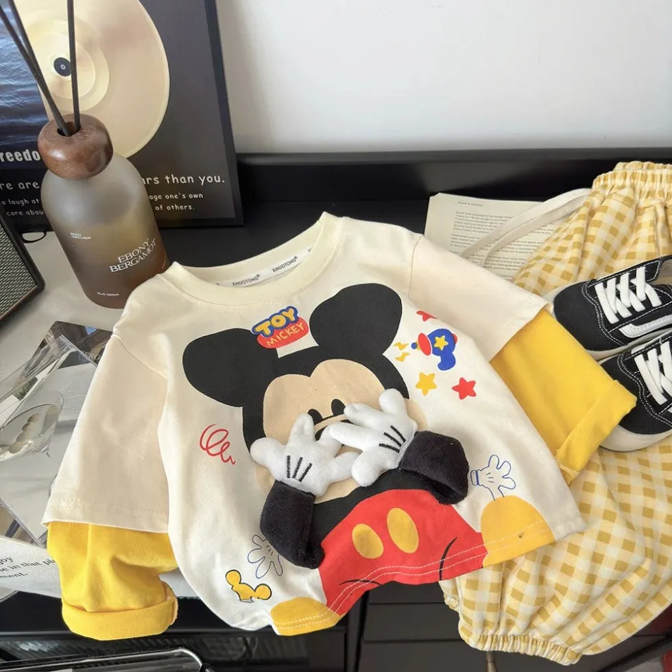 

Disney Girls Boys Long Sleeved T-shirt New Mickey Decoration Fake Two Piece Top Korean Edition Western Style Children's Clothing