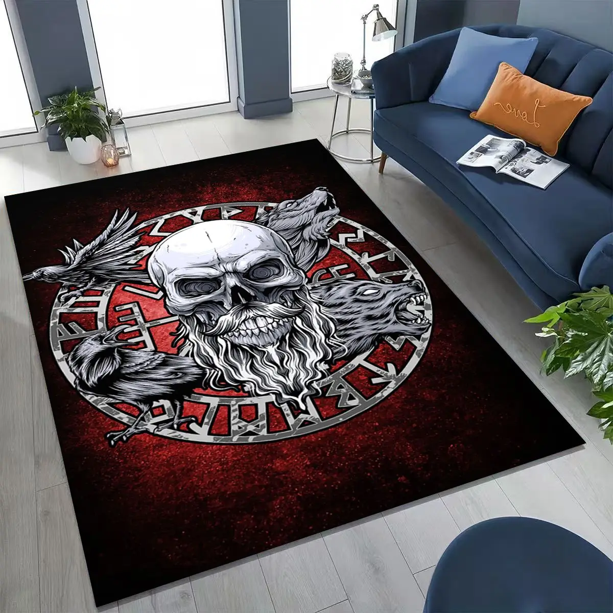 

Nordic Viking Warrior Symbol Valhalla Valknut Rune Moto Rug Carpet for Bedroom Living Room Sofa Doormat Decor,Non-slip Floor Mat