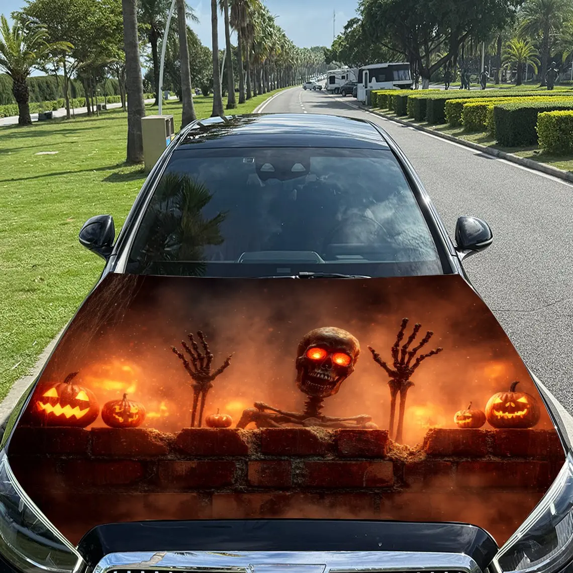 

Glowing Skeleton and Jack - O'- Lanterns Car Vinyl Wrap, PVC Material Waterproof Car Hood Sticker, Self-Adhesive Scratch-Resista