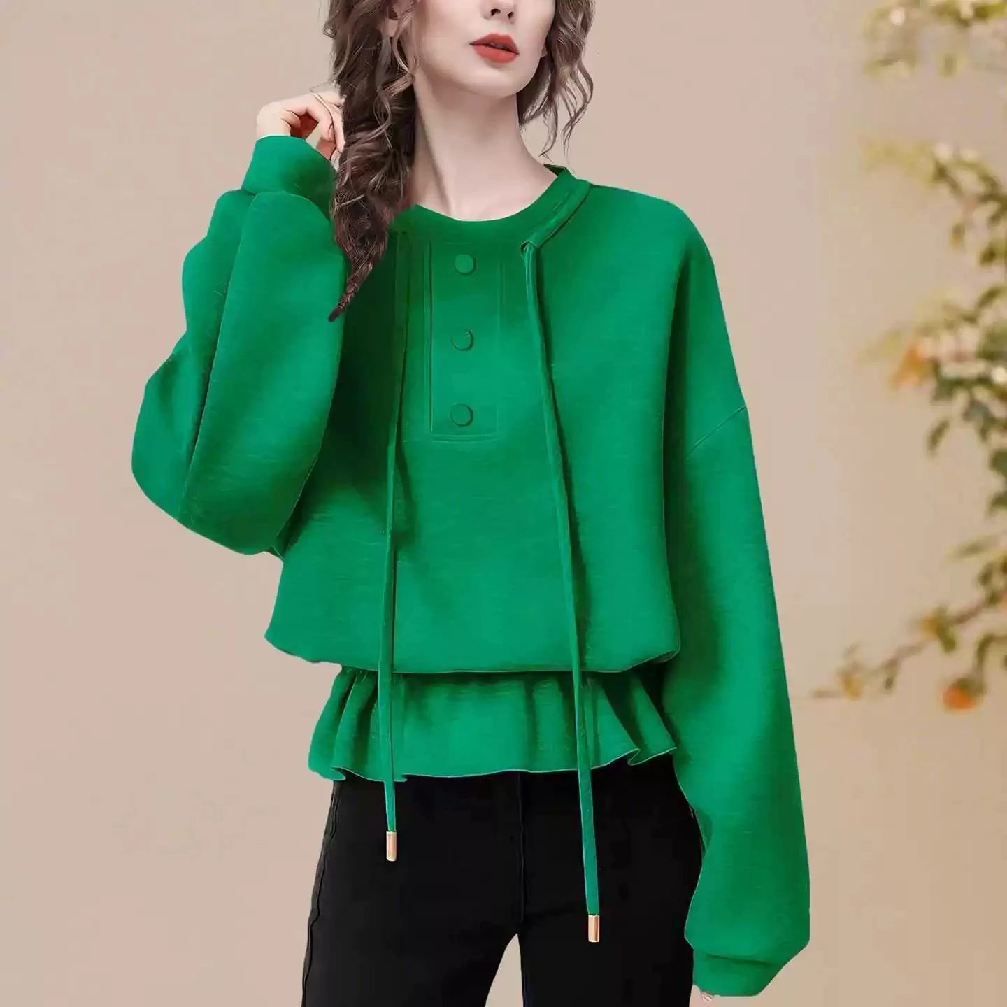 Women's Green Cropped Sweatshirt 2026New Drawstring Ruffle Loose Sweatshirts Long Sleeve Casual Pullover Tops Outerwear Lady Y2K