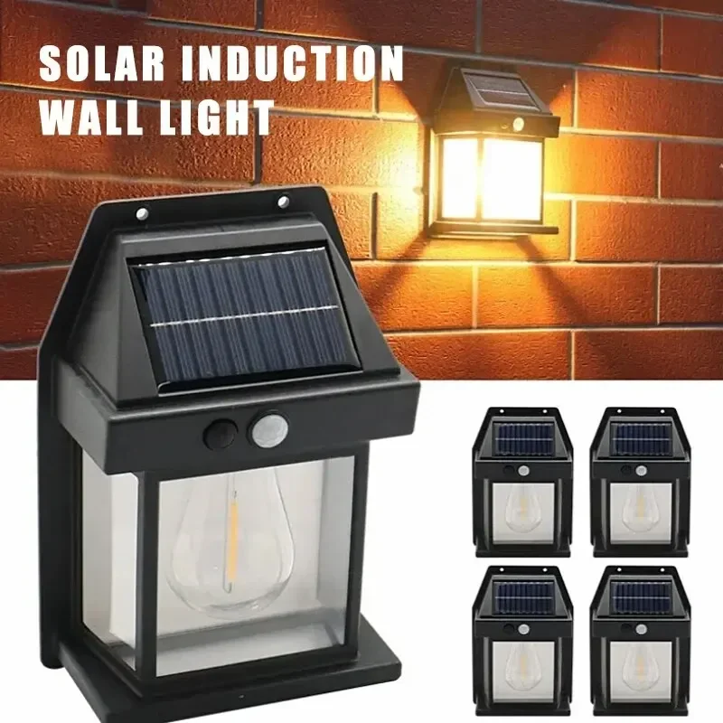 Solar Powered Waterproof Outdoor Wall Lamp with Tungsten Filament Induction Light for Garden Villa Night Lighting