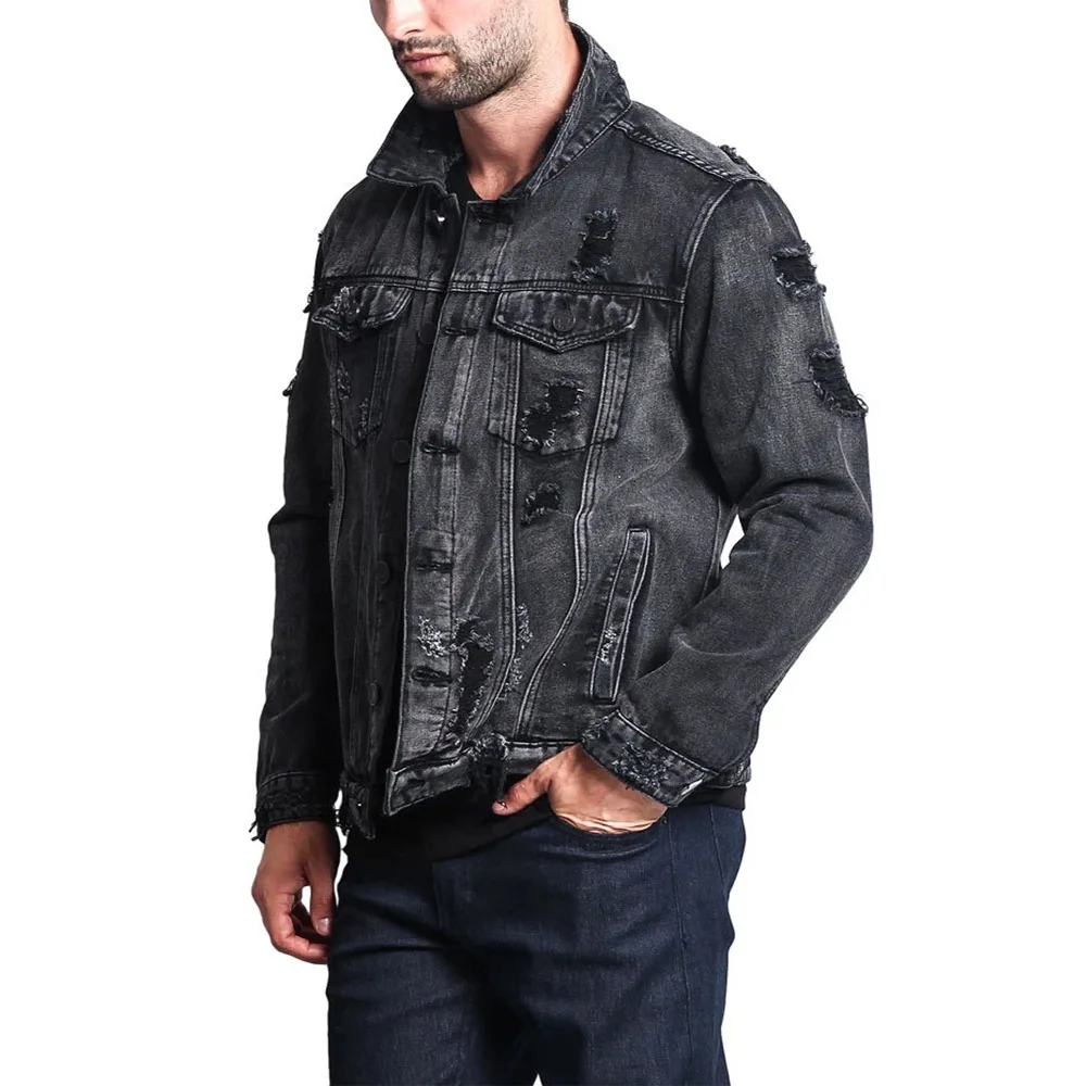 Hot Push Denim Jacket Casual Solid Color Jacket Cardigan Ripped Button Tooling Jacket Men