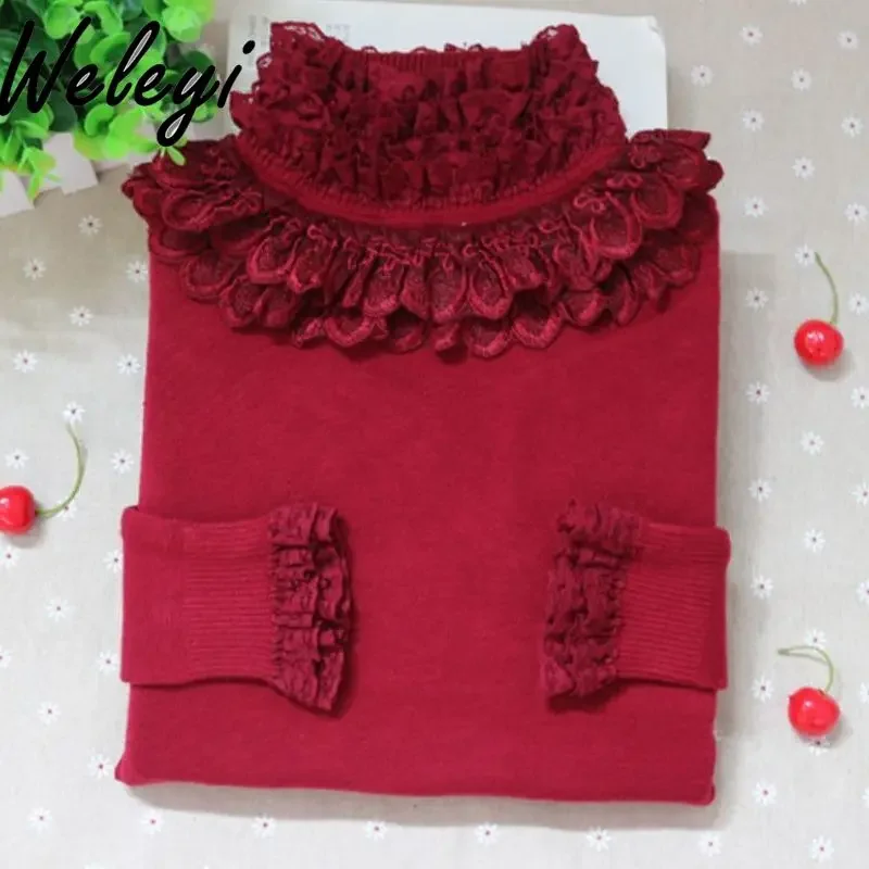 Autumn and Winter Lace Wine Red Knitted Bottoming Shirt Simple Thickened Turtleneck Pullover Long Sleeve Inner Knitted Top Women