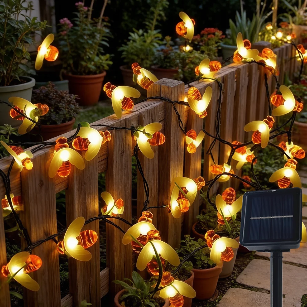 20/50/100 LED Christmas Atmosphere Fairy Lamp Solar Outdoor Garden Creative Little Bee String Lights for Bedroom Courtyard Decor