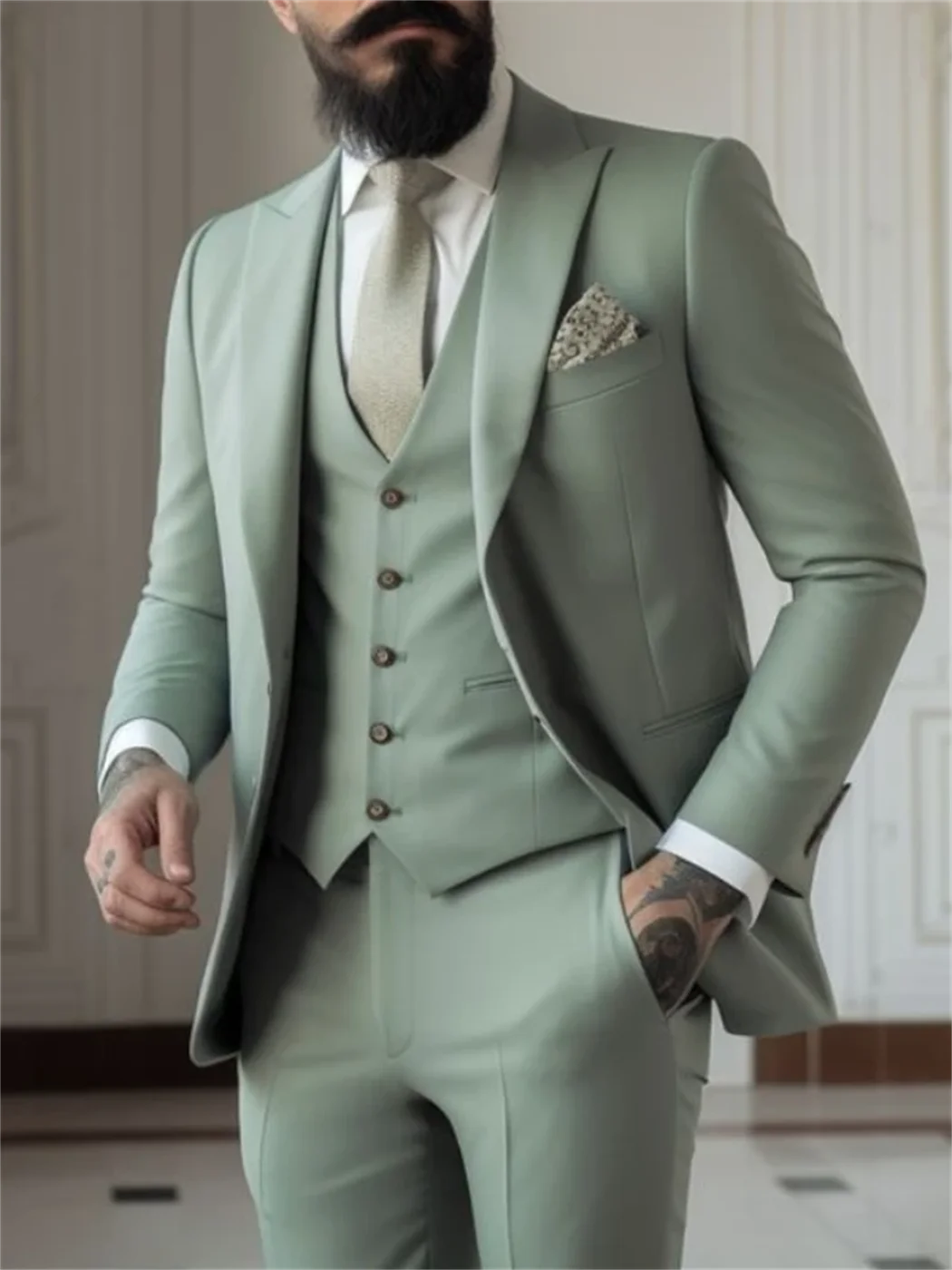 3 Piece Sage Green Men\'s Slim Fit Suits (Jacket+Vest+Pant) Wedding Groom Tuxedos Prom Formal Male Party Blazers