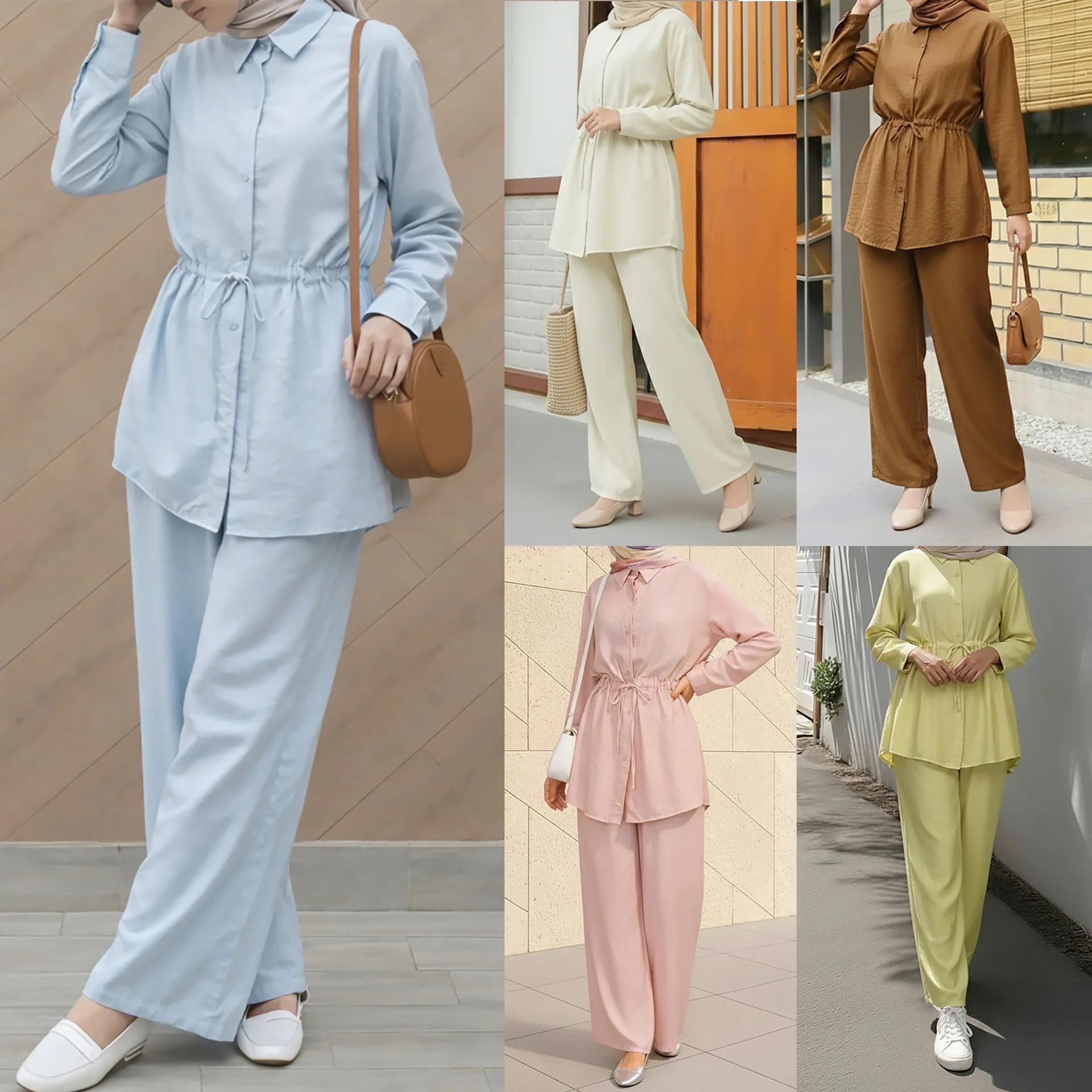 Shirts Suit Women Eid Shirt Wide Leg Pants 2 Piece Set Muslim Morocco Top Trousers Outfits Drawstring Ramadan Dubai Ensemble